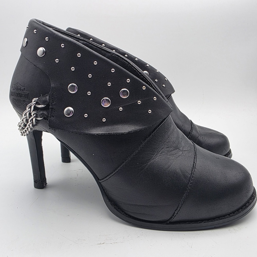 Harley-Davidson Lena Boots Women's 8.5 Black‎ Leather Studded Chain Moto Heels